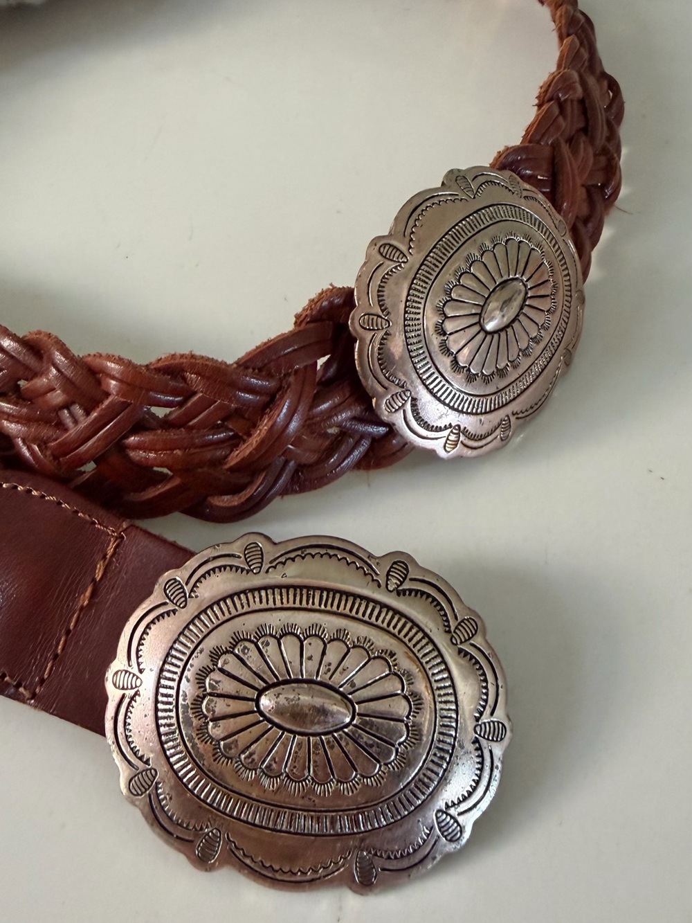 Braided Brown Leather Belt with Decorative Silver-Tone Conchos - Picture 2 of 5